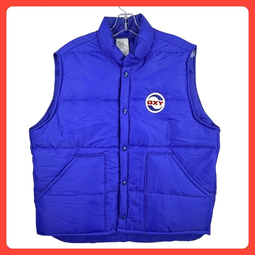 OXY Puffer Vest Men Large Royal Blue Nylon Quilted Snap Oil & Gas Vintage